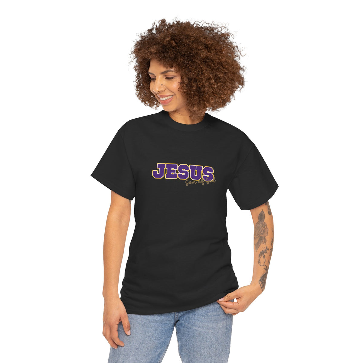 JESUS, Son of God - Varsity T-Shirt - Purple Letters