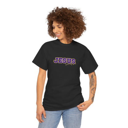JESUS, Son of God - Varsity T-Shirt - Purple Letters