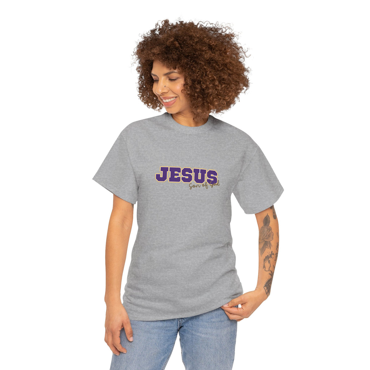 JESUS, Son of God - Varsity T-Shirt - Purple Letters