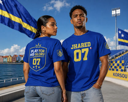 'Play For His Glory' Curaçao Blauw voetbalshirt - WK nummer (met gepersonaliseerde naam en rugnummer)