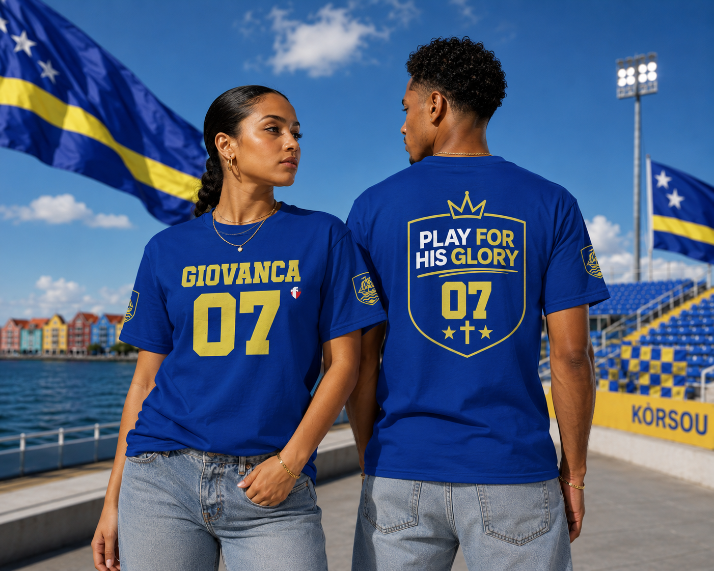 'Play For His Glory' Curaçao Blauw voetbalshirt - WK nummer (met gepersonaliseerde naam en rugnummer)