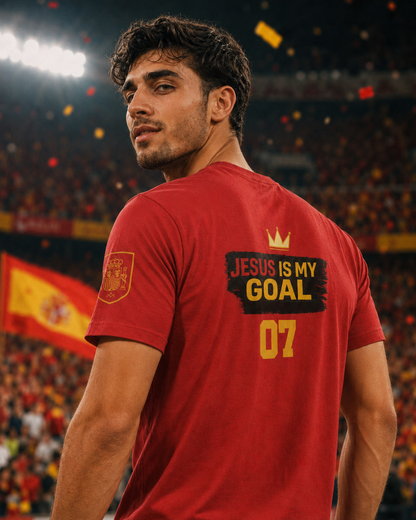 'Jesus Is My Goal' — Red Football Jersey in Spanish Style (WC, personalized)