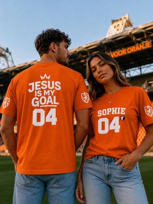 'Jesus Is My Goal'  — Nederlands Oranje voetbalshirt — WK-nummer (met gepersonaliseerde naam en nummer)