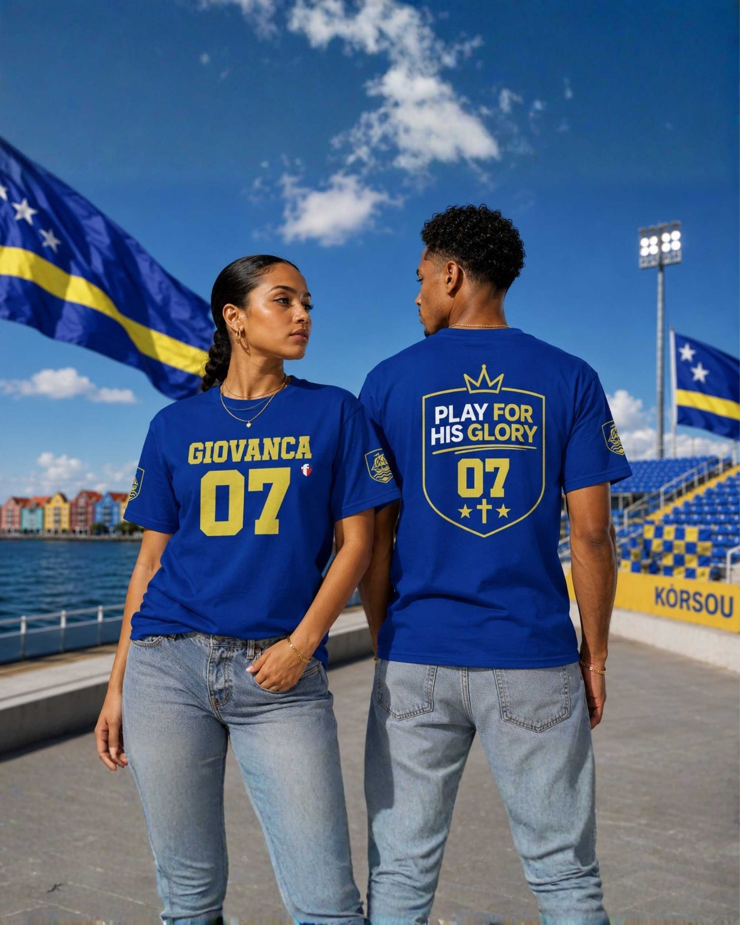 'Play For His Glory' Curaçao Blauw voetbalshirt - WK nummer (met gepersonaliseerde naam en rugnummer)