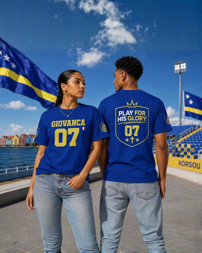 'Play For His Glory' Curaçao Blauw voetbalshirt - WK nummer (met gepersonaliseerde naam en rugnummer)