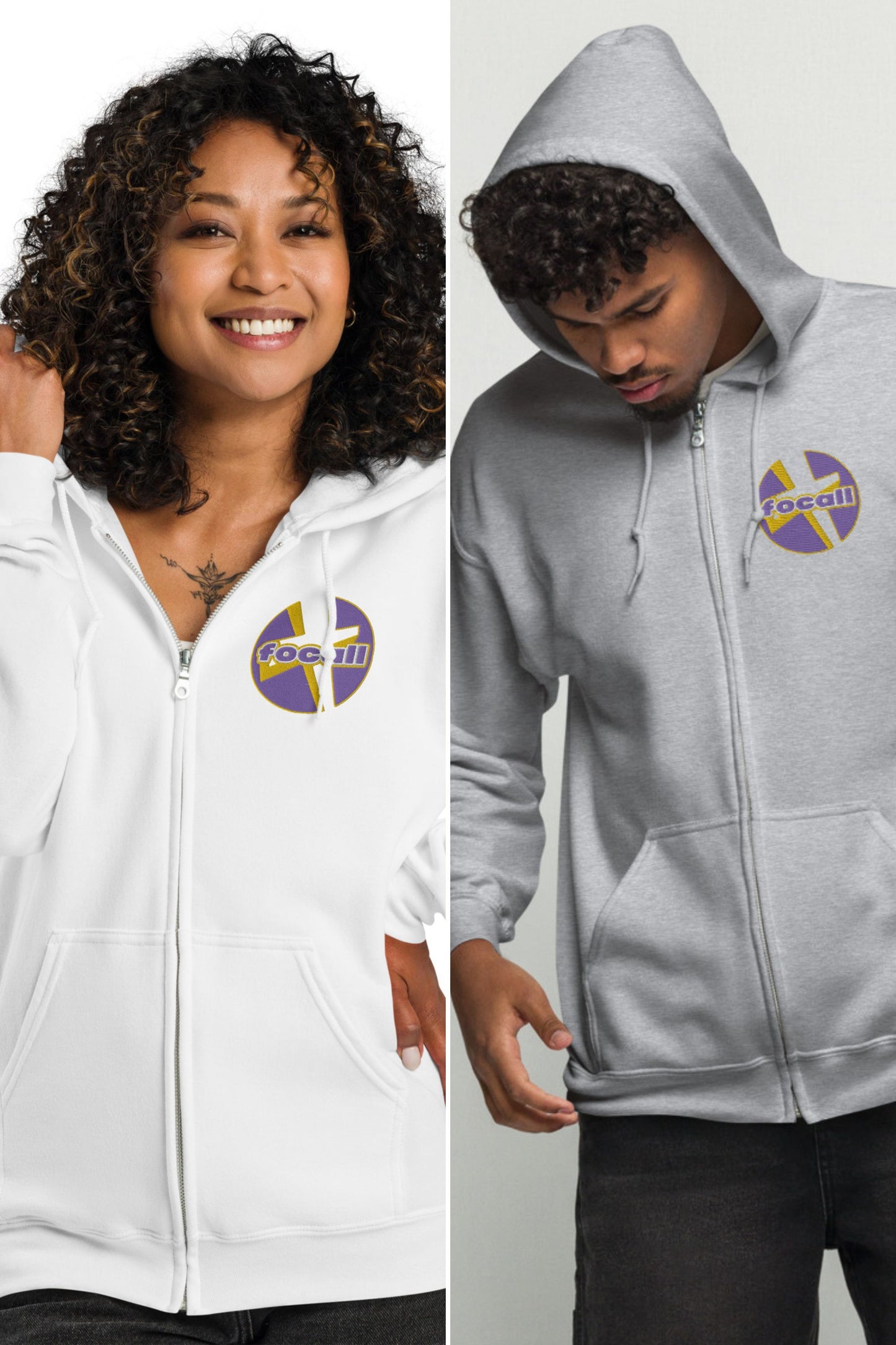 Unisex Zip-Up Hoodie | Embroidery | Focall - Cross - Purple Yellow