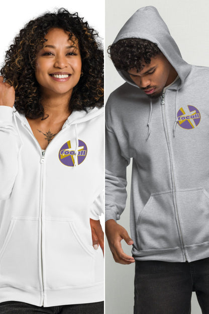 Unisex Zip-Up Hoodie | Embroidery | Focall - Cross - Purple Yellow