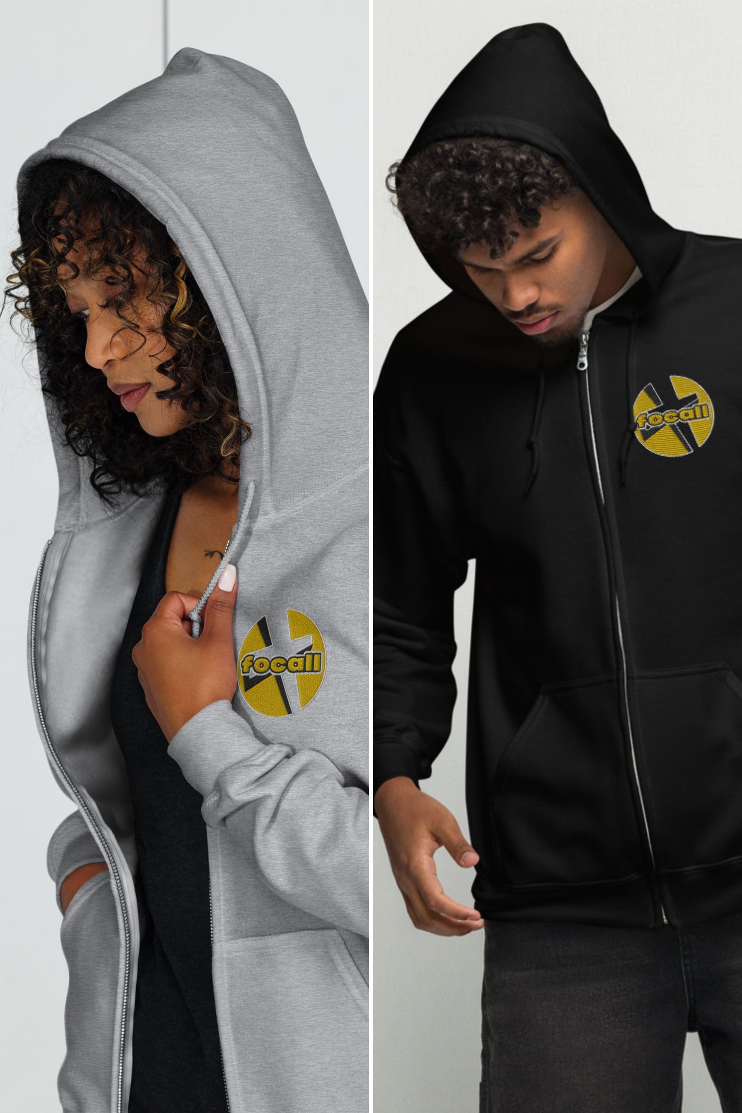 Unisex Zip Hoodie | Embroidery | Focall - Cross - Yellow Black