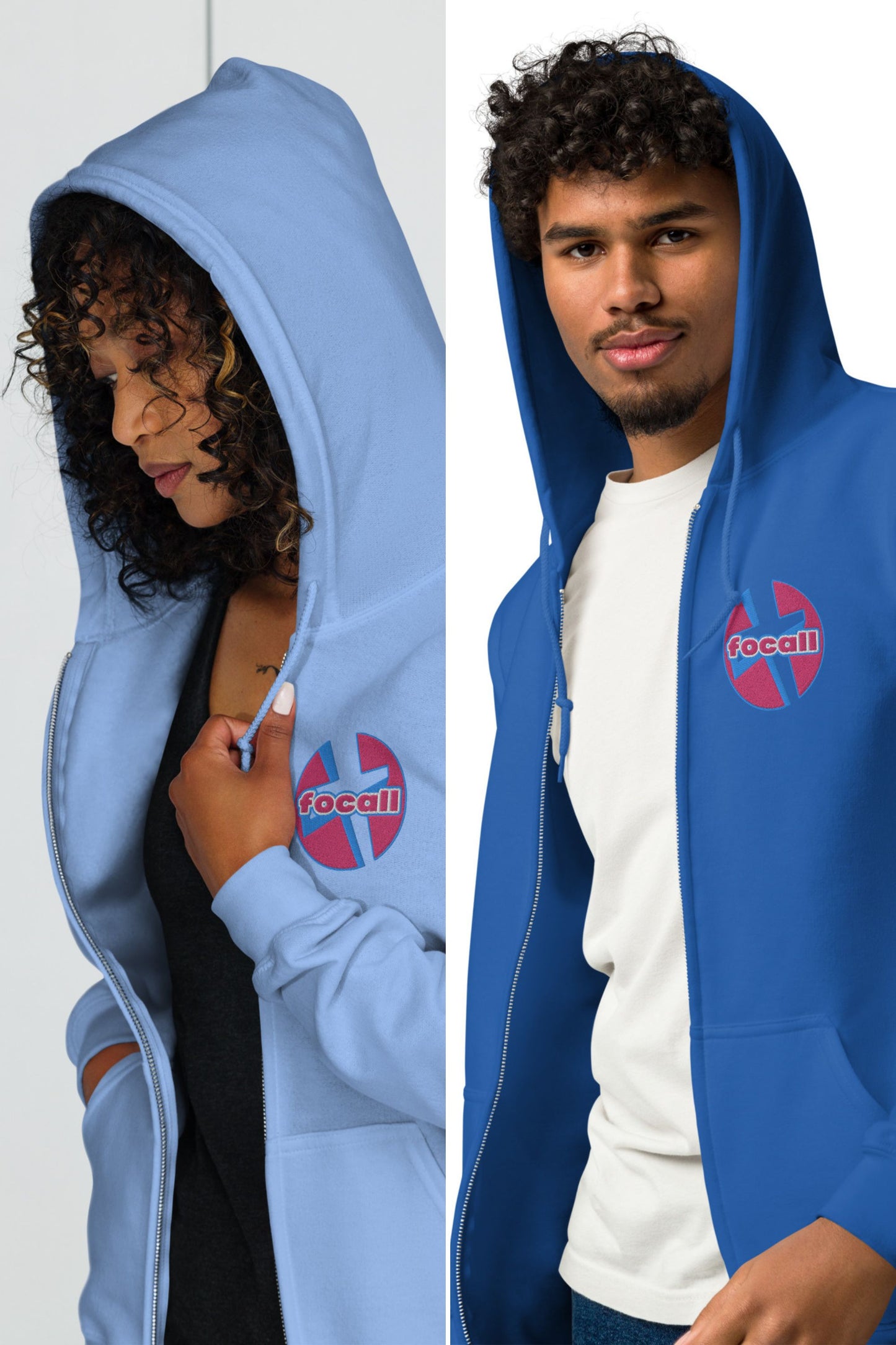 Unisex Zip Hoodie | Embroidery | Focall - Cross - Pink Blue