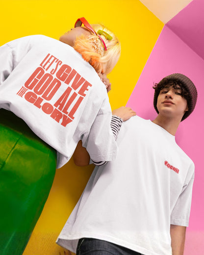 Classic Unisex Crew Neck T-Shirt | Back | Let's Give the Glory - Red Lettering