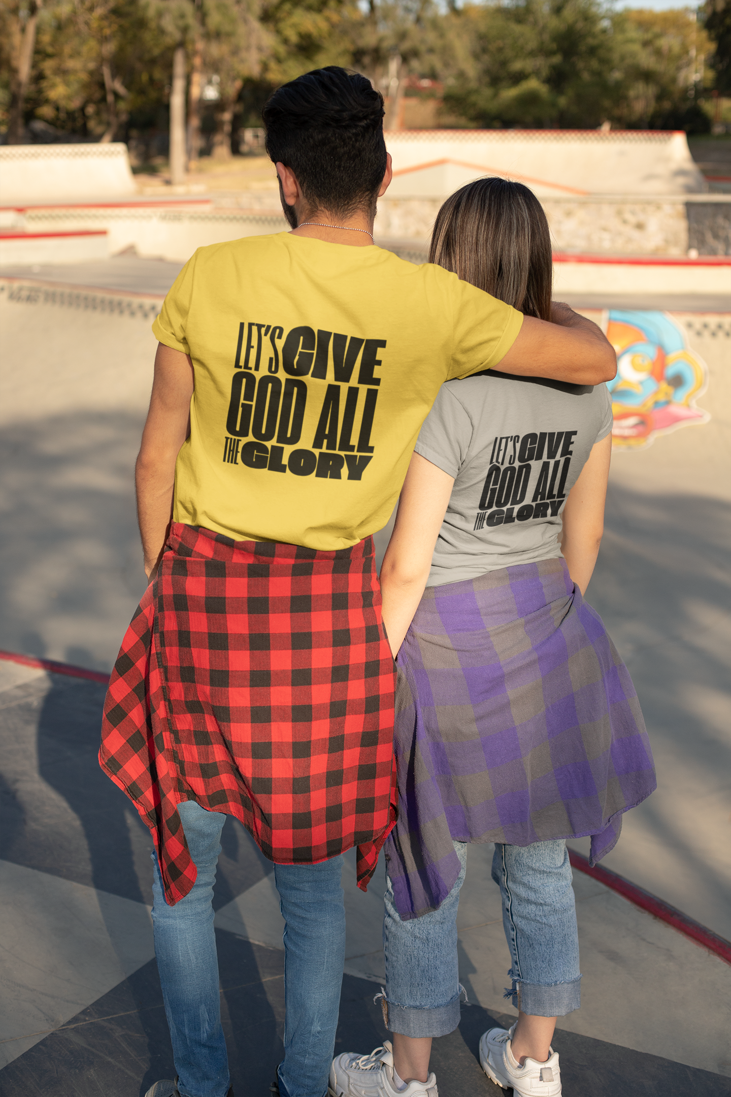 Classic Unisex Crew Neck T-Shirt | Back | Let's give God the glory - Black letters