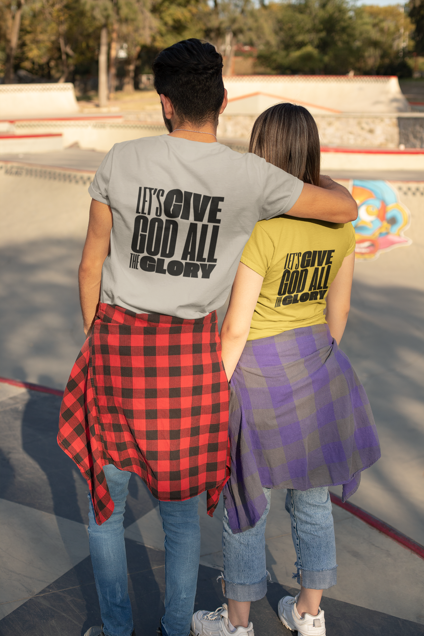 Classic Unisex Crew Neck T-Shirt | Back | Let's give God the glory - Black letters