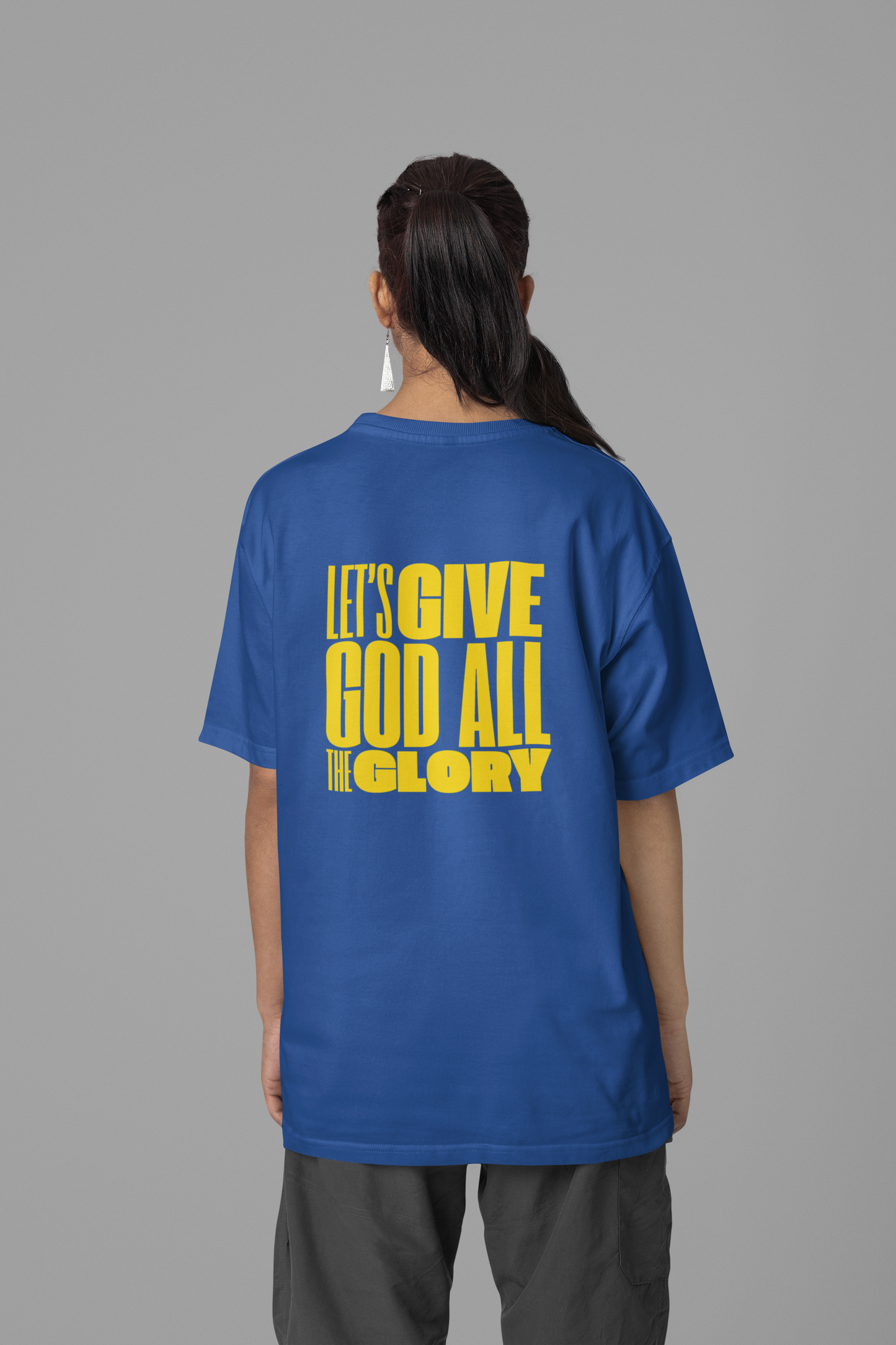 Classic Unisex Crew Neck T-Shirt | Back | Let's give God the glory - Yellow letters