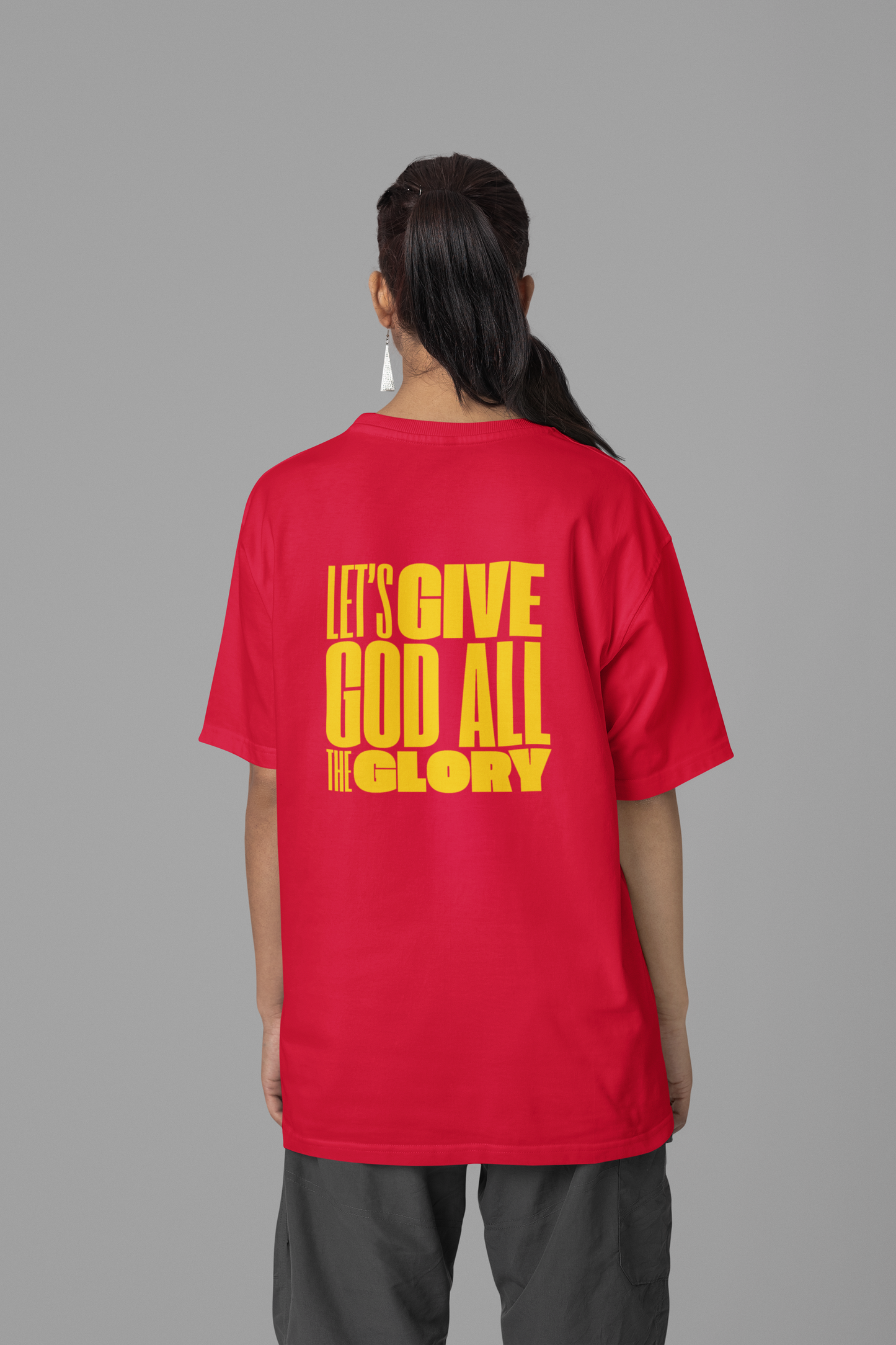 Classic Unisex Crew Neck T-Shirt | Back | Let's give God the glory - Yellow letters