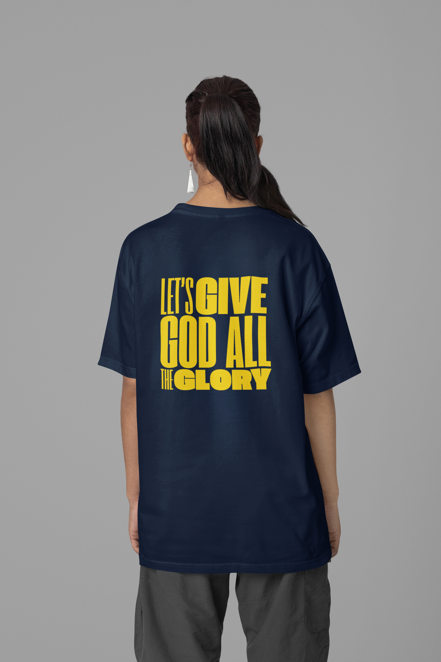 Classic Unisex Crew Neck T-Shirt | Back | Let's give God the glory - Yellow letters