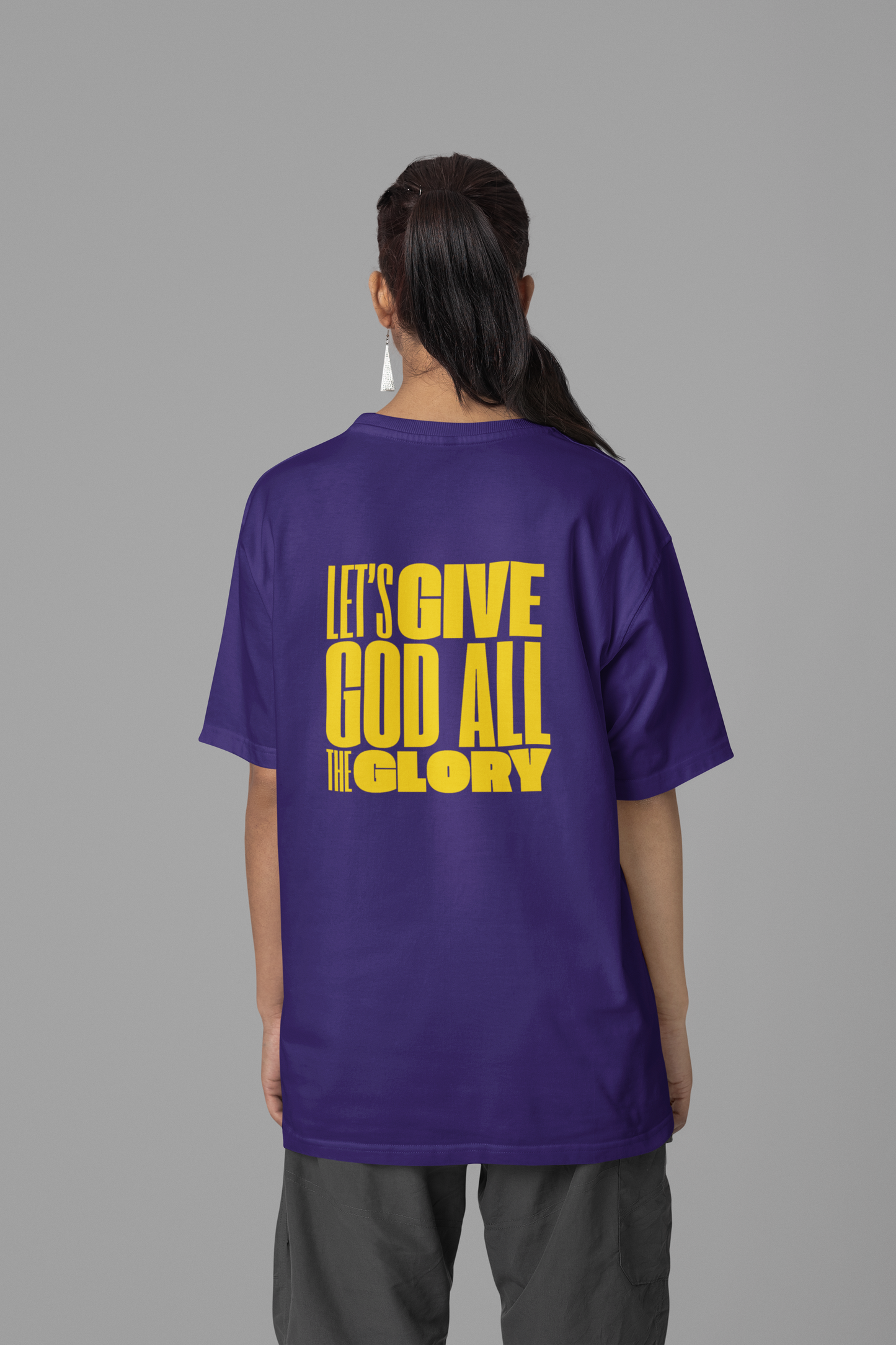 Classic Unisex Crew Neck T-Shirt | Back | Let's give God the glory - Yellow letters