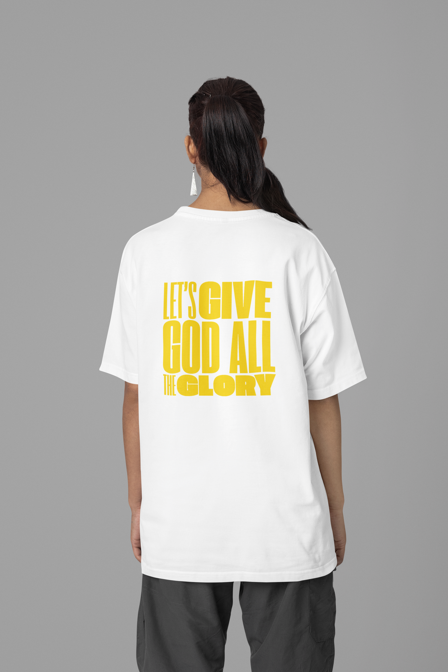 Classic Unisex Crew Neck T-Shirt | Back | Let's give God the glory - Yellow letters