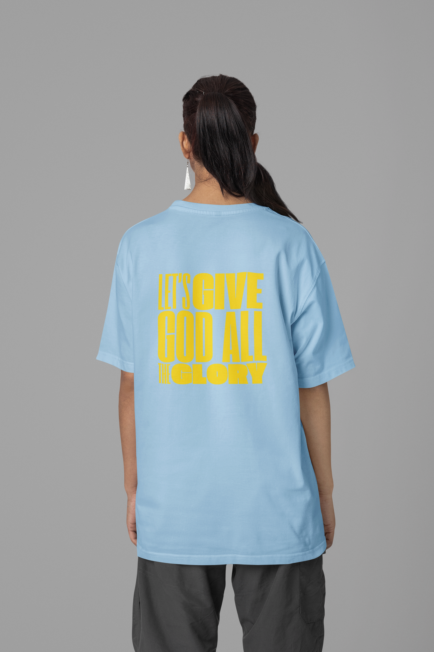 Classic Unisex Crew Neck T-Shirt | Back | Let's give God the glory - Yellow letters