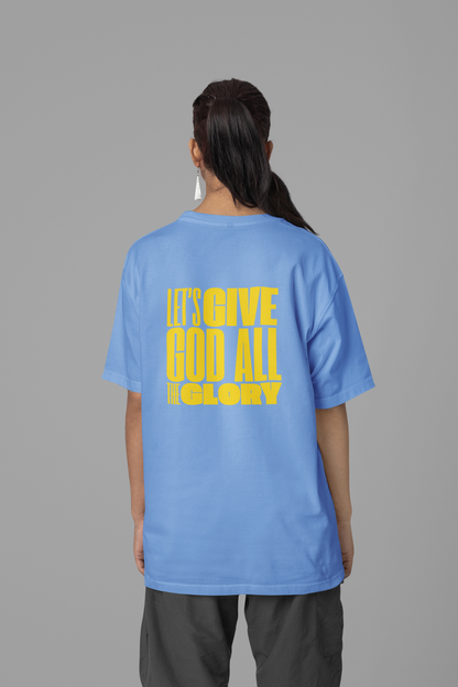 Classic Unisex Crew Neck T-Shirt | Back | Let's give God the glory - Yellow letters
