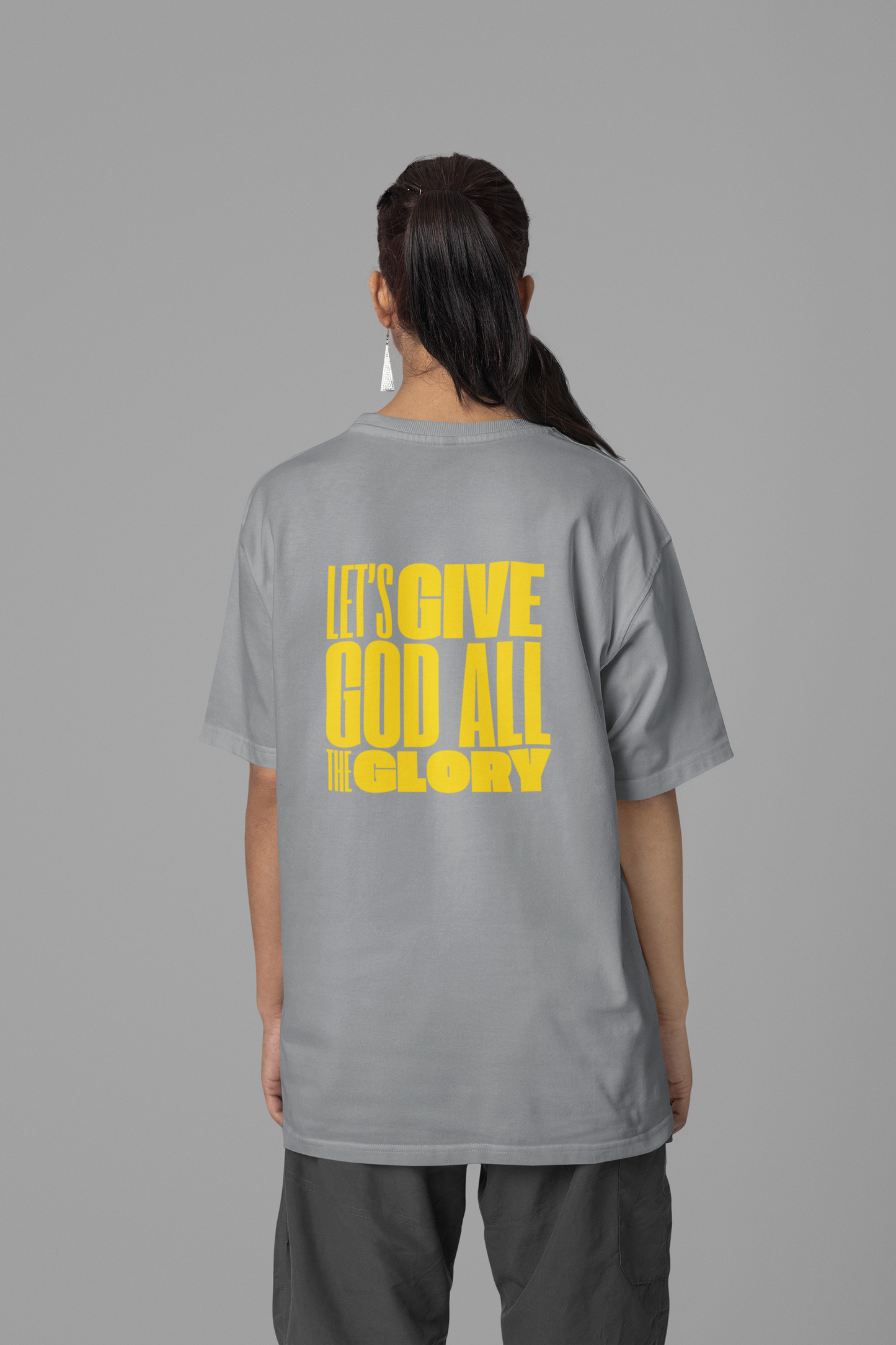 Classic Unisex Crew Neck T-Shirt | Back | Let's give God the glory - Yellow letters