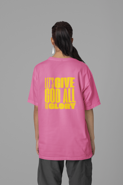 Classic Unisex Crew Neck T-Shirt | Back | Let's give God the glory - Yellow letters