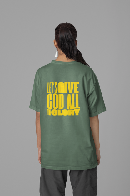 Classic Unisex Crew Neck T-Shirt | Back | Let's give God the glory - Yellow letters
