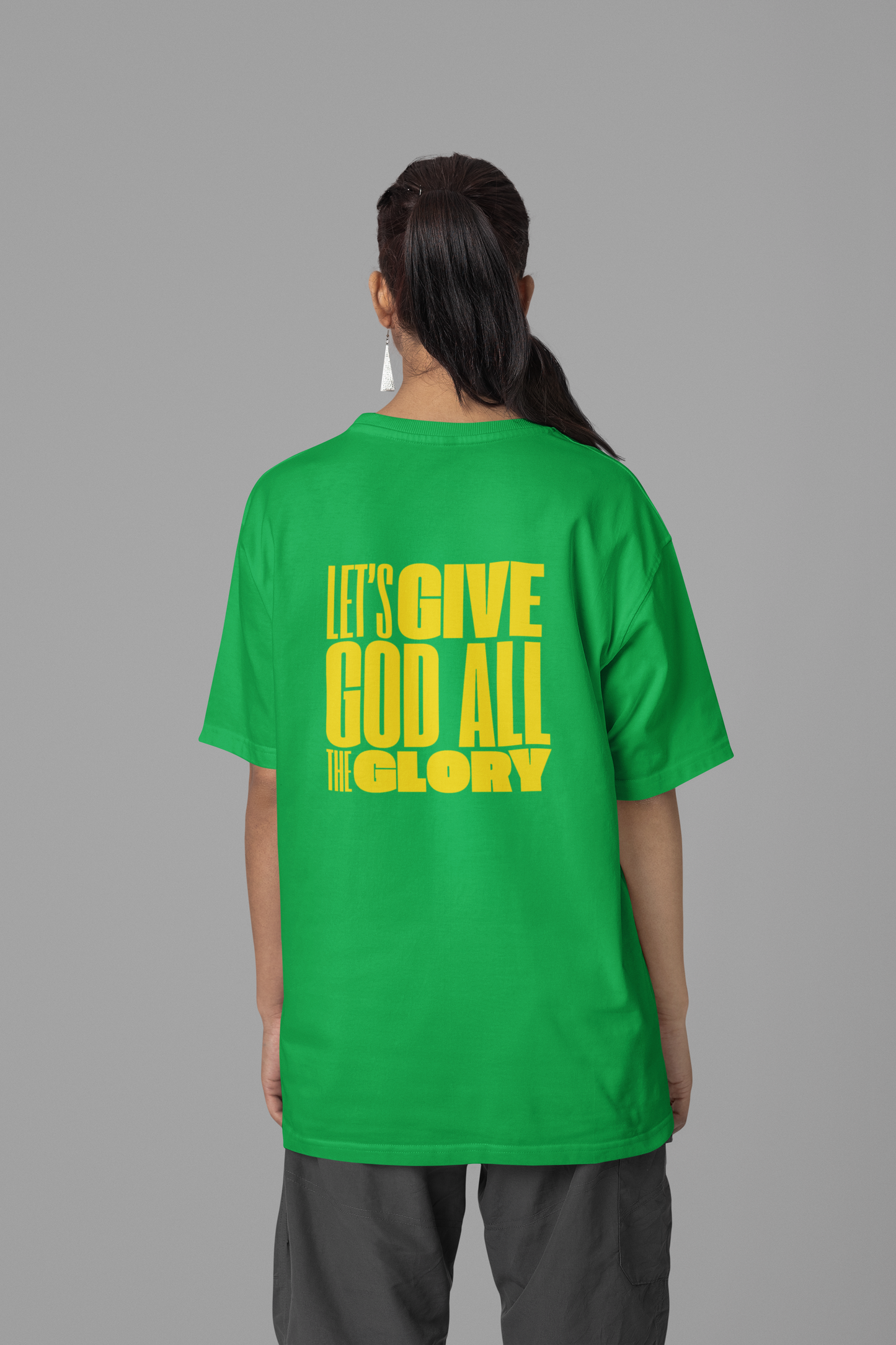 Classic Unisex Crew Neck T-Shirt | Back | Let's give God the glory - Yellow letters