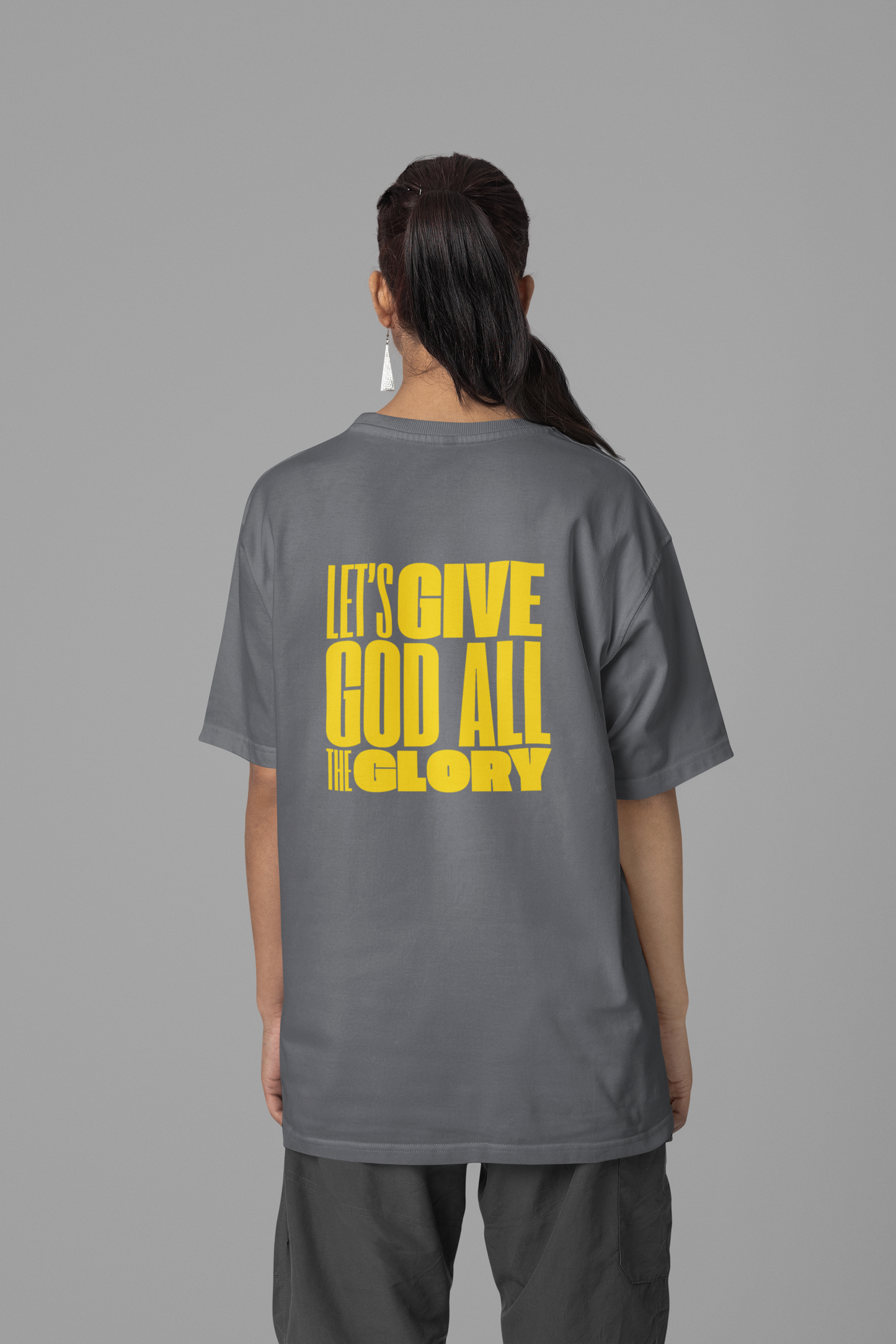 Classic Unisex Crew Neck T-Shirt | Back | Let's give God the glory - Yellow letters