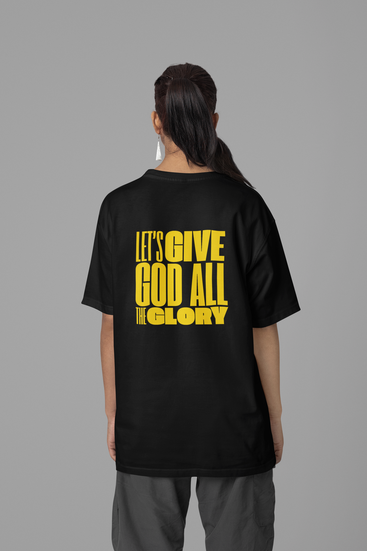 Classic Unisex Crew Neck T-Shirt | Back | Let's give God the glory - Yellow letters