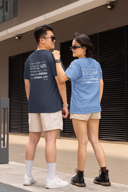 Classic Unisex Crew Neck T-Shirt | Back | John 3:16 - White Letters