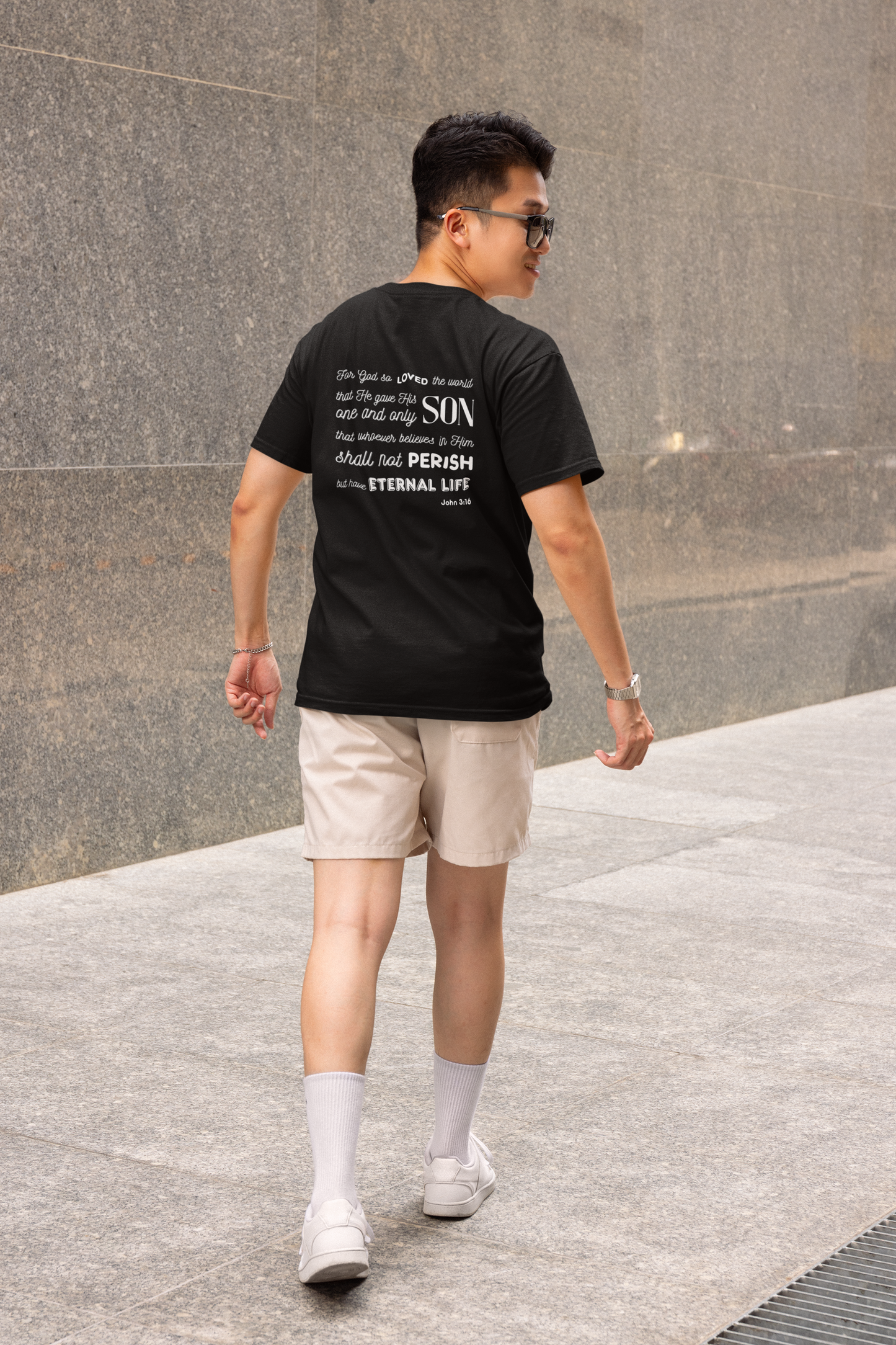 Classic Unisex Crew Neck T-Shirt | Back | John 3:16 - White Letters