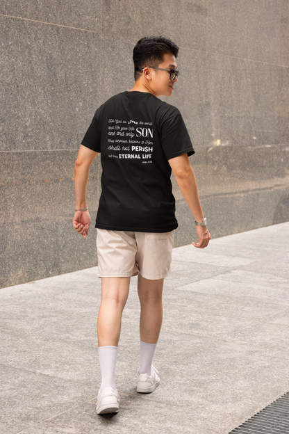 Classic Unisex Crew Neck T-Shirt | Back | John 3:16 - White Letters