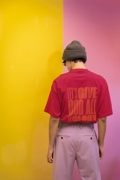 Classic Unisex Crew Neck T-Shirt | Back | Let's Give the Glory - Red Lettering