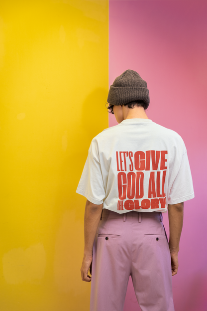 Classic Unisex Crew Neck T-Shirt | Back | Let's Give the Glory - Red Lettering