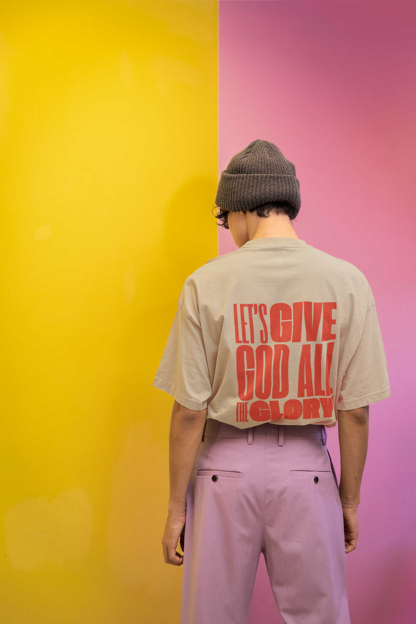 Classic Unisex Crew Neck T-Shirt | Back | Let's Give the Glory - Red Lettering