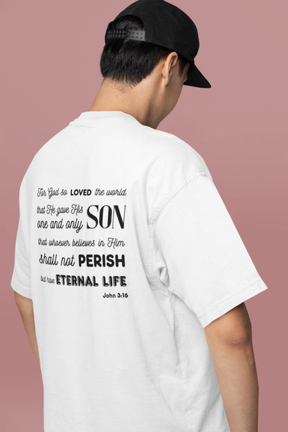 Classic Unisex Crew Neck T-Shirt | Back | John 3:16 - Black Letters