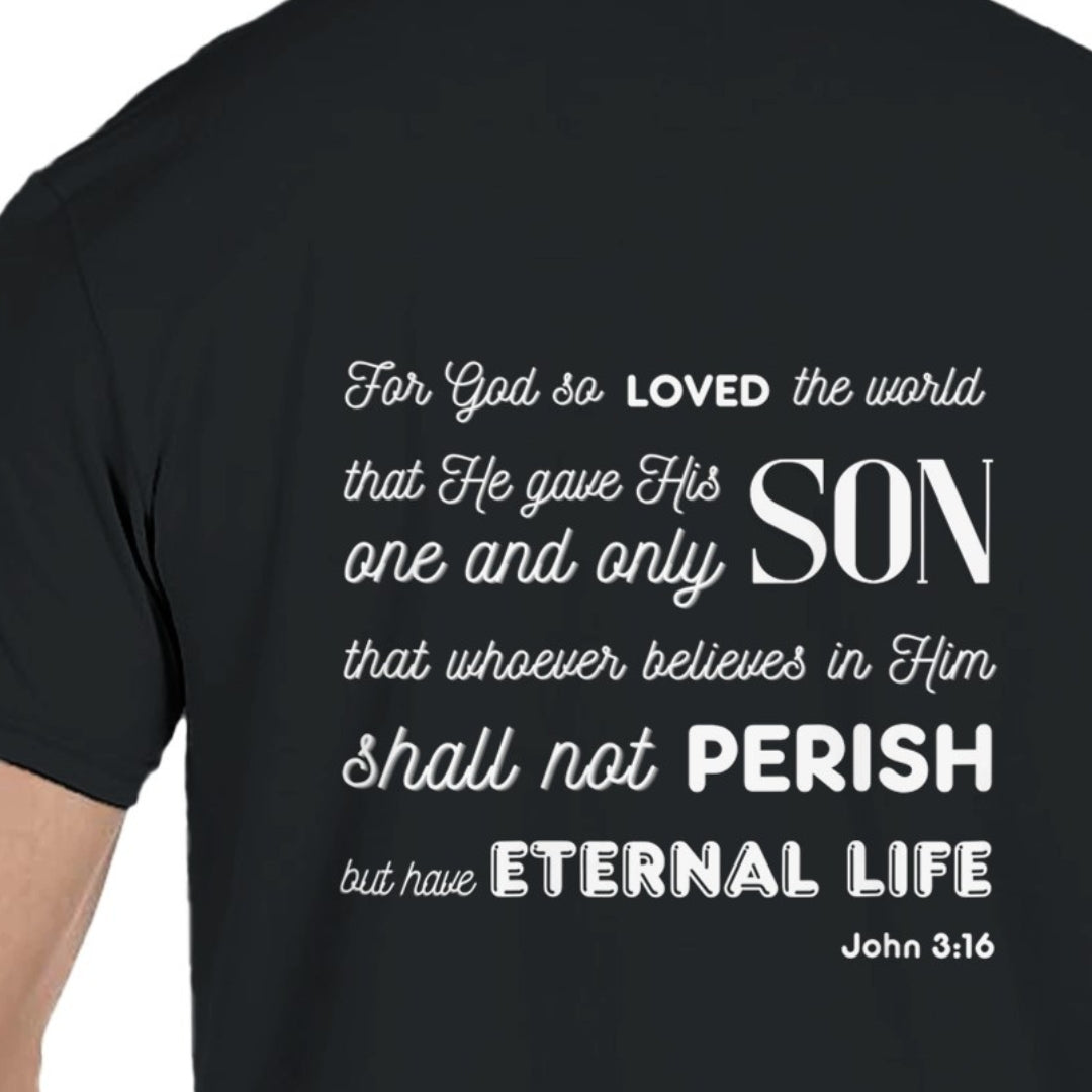 Classic Unisex Crew Neck T-Shirt | Back | John 3:16 - White Letters