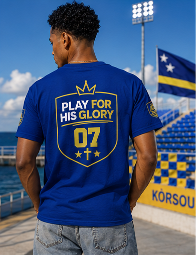 'Play For His Glory' Curaçao Blauw voetbalshirt - WK nummer (met gepersonaliseerde naam en rugnummer)