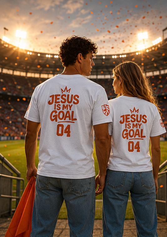 ‘Jesus Is My Goal’- Oranje Ontwerp - Voetbal Nederlands WK-T-shirt  (met gepersonaliseerde naam en nummer)