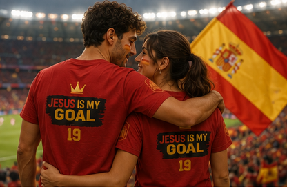 'Jesus Is My Goal' — Red Football Jersey in Spanish Style (WC, personalized)