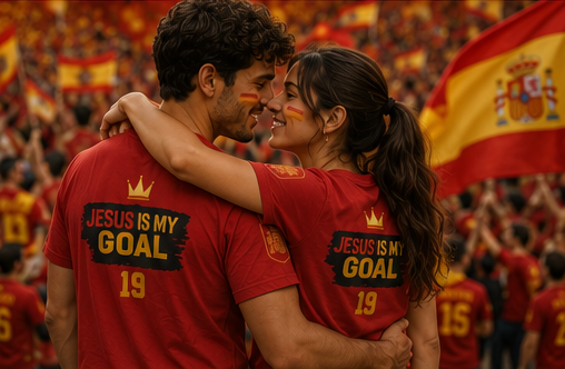 'Jesus Is My Goal' — Red Football Jersey in Spanish Style (WC, personalized)