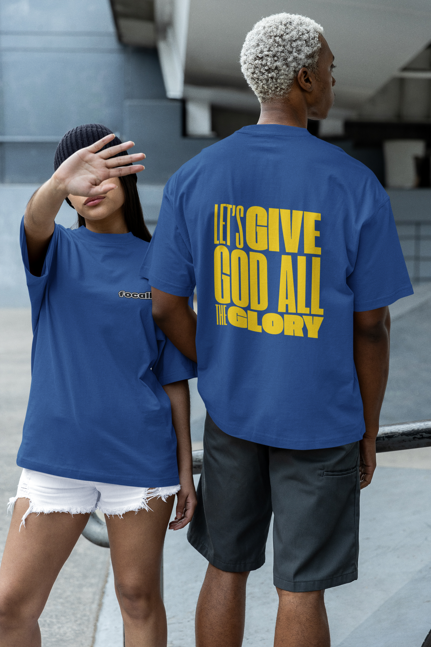 Classic Unisex Crew Neck T-Shirt | Back | Let's give God the glory - Yellow letters
