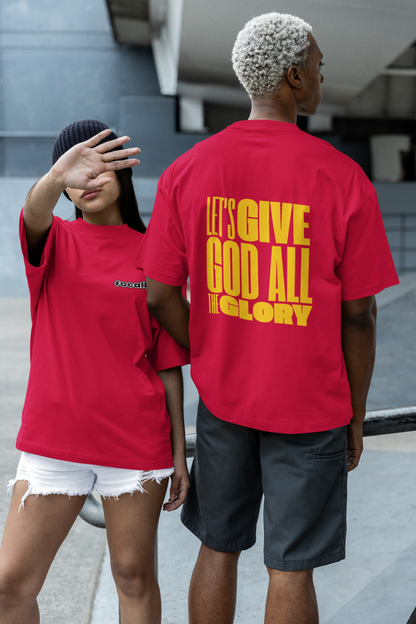Classic Unisex Crew Neck T-Shirt | Back | Let's give God the glory - Yellow letters