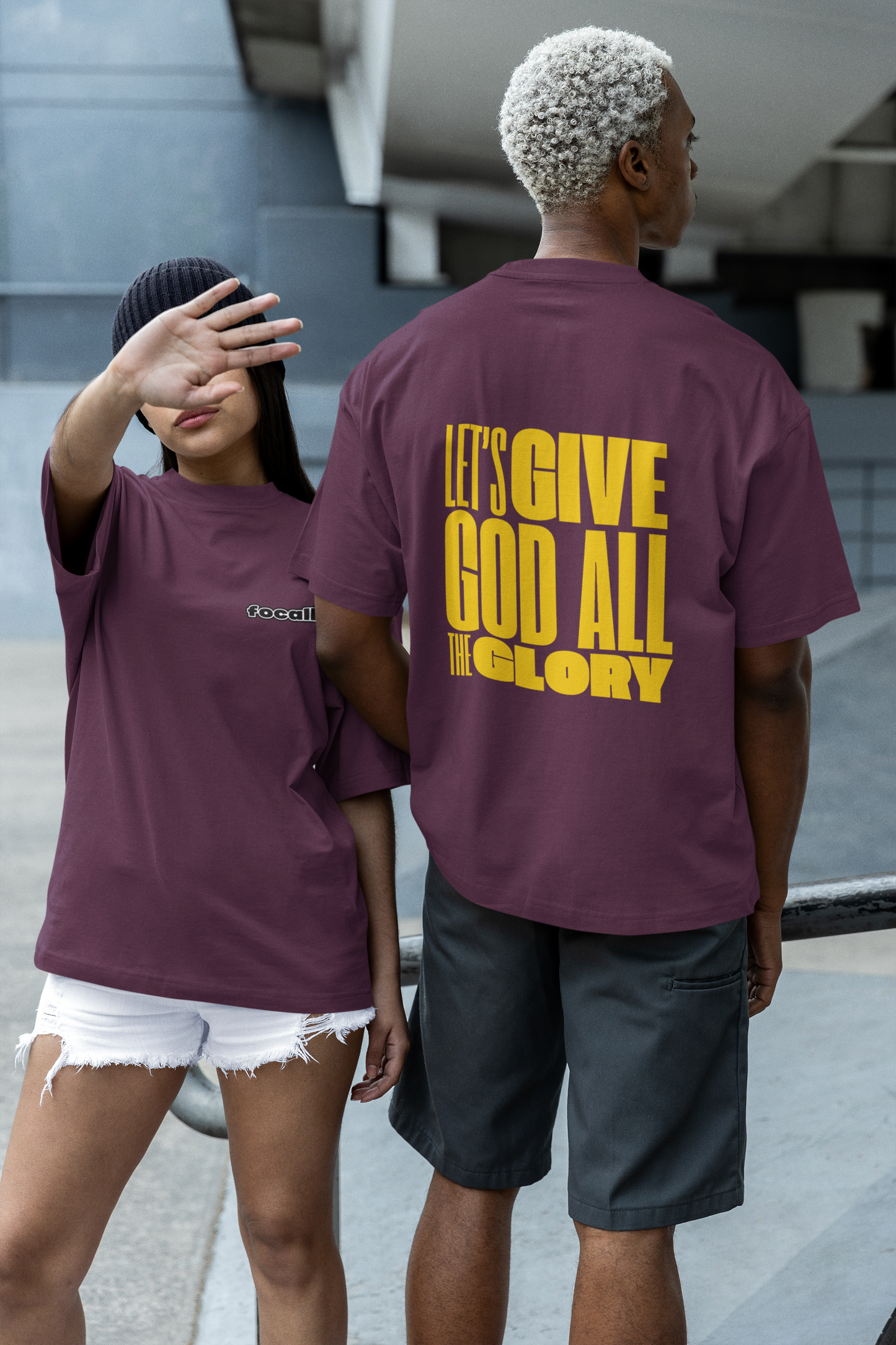 Classic Unisex Crew Neck T-Shirt | Back | Let's give God the glory - Yellow letters