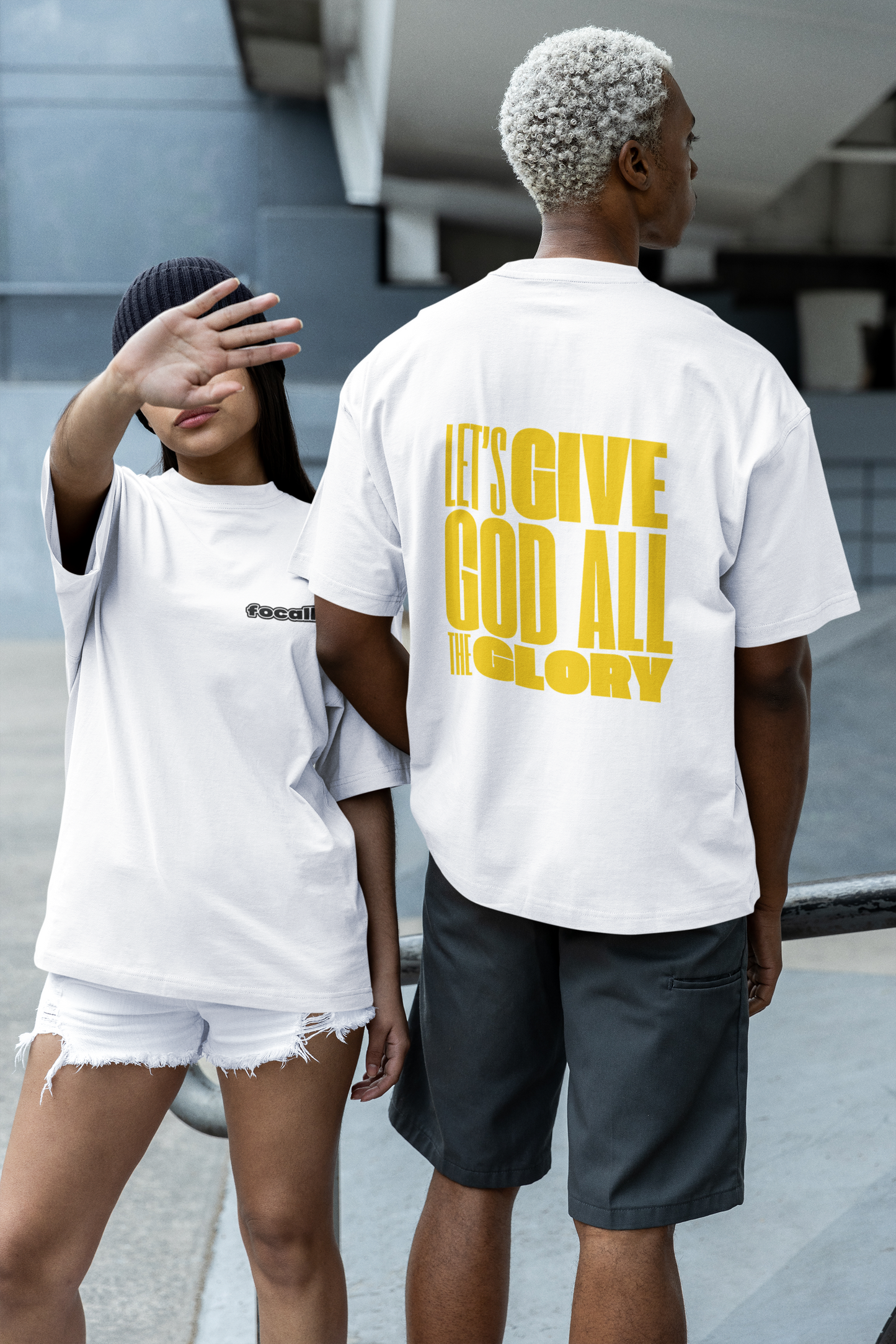 Classic Unisex Crew Neck T-Shirt | Back | Let's give God the glory - Yellow letters