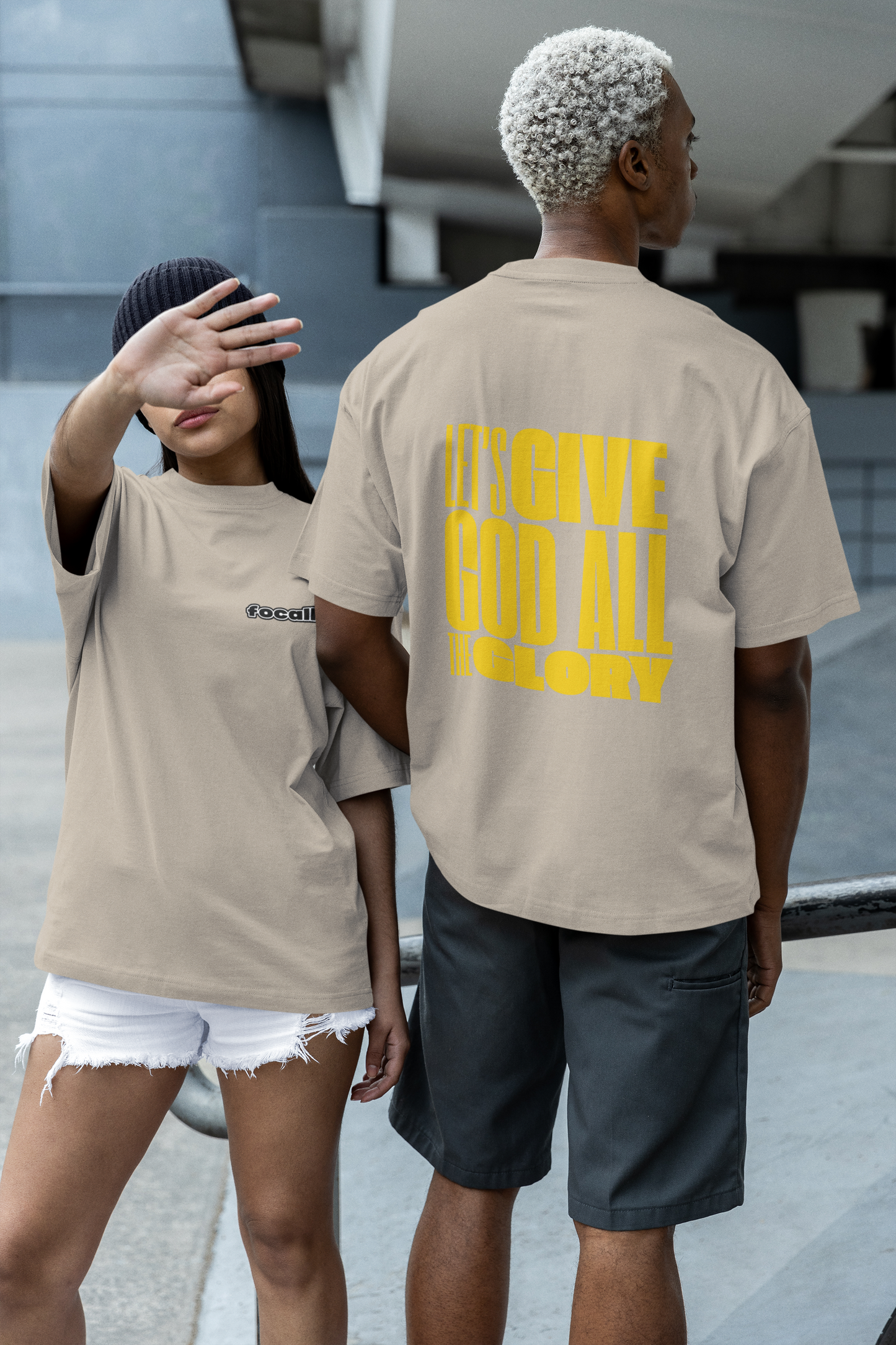 Classic Unisex Crew Neck T-Shirt | Back | Let's give God the glory - Yellow letters