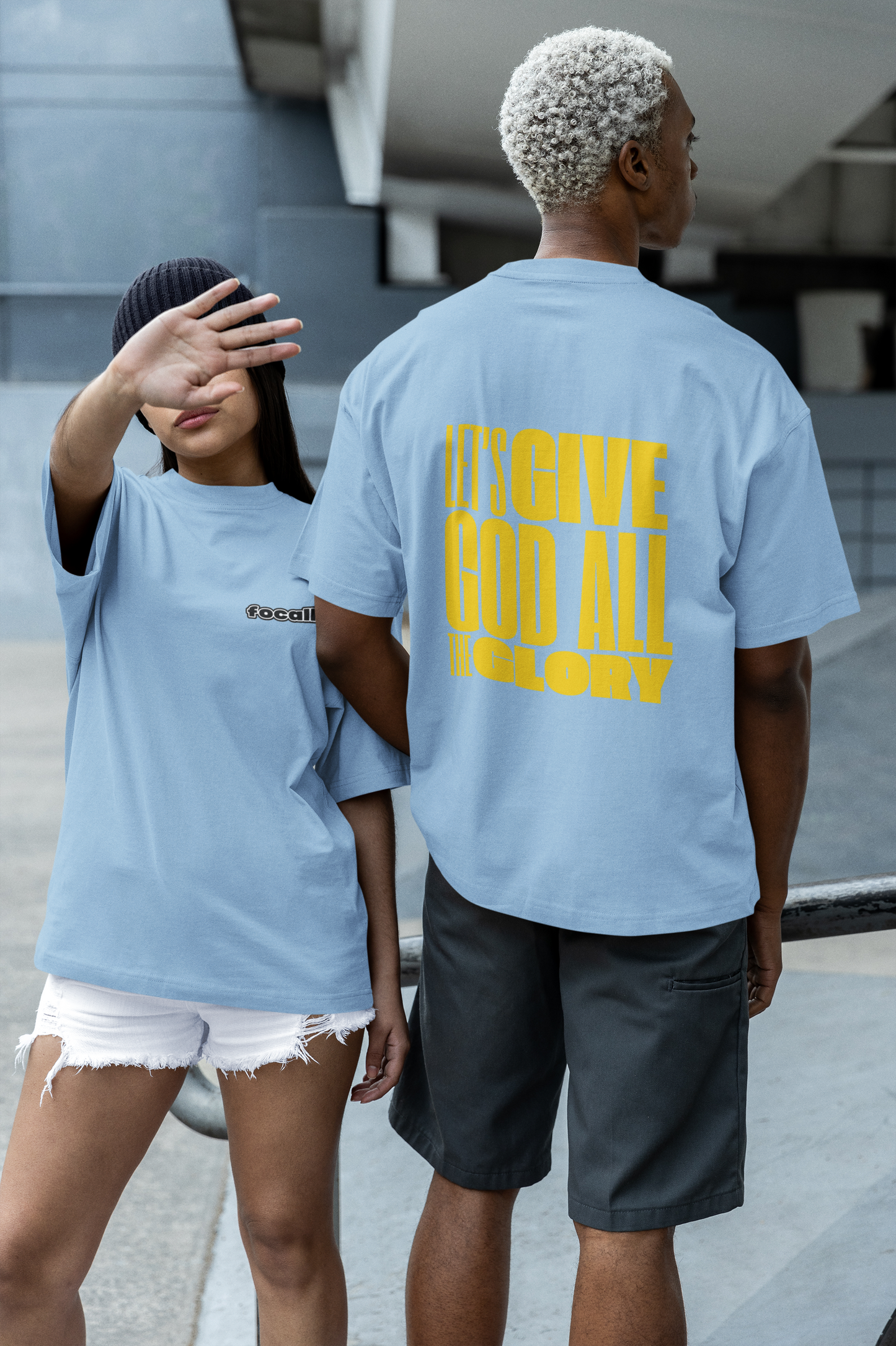 Classic Unisex Crew Neck T-Shirt | Back | Let's give God the glory - Yellow letters