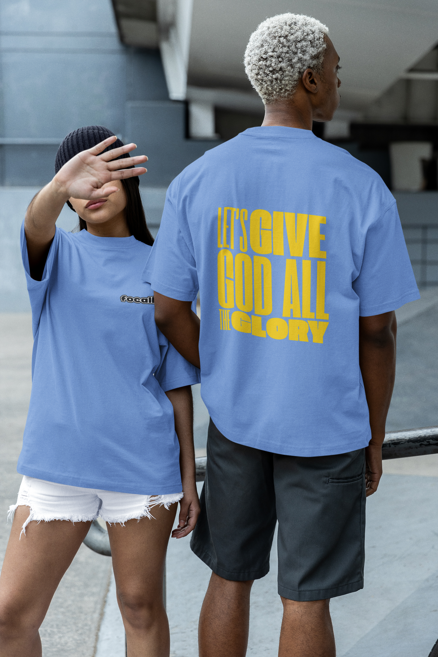 Classic Unisex Crew Neck T-Shirt | Back | Let's give God the glory - Yellow letters