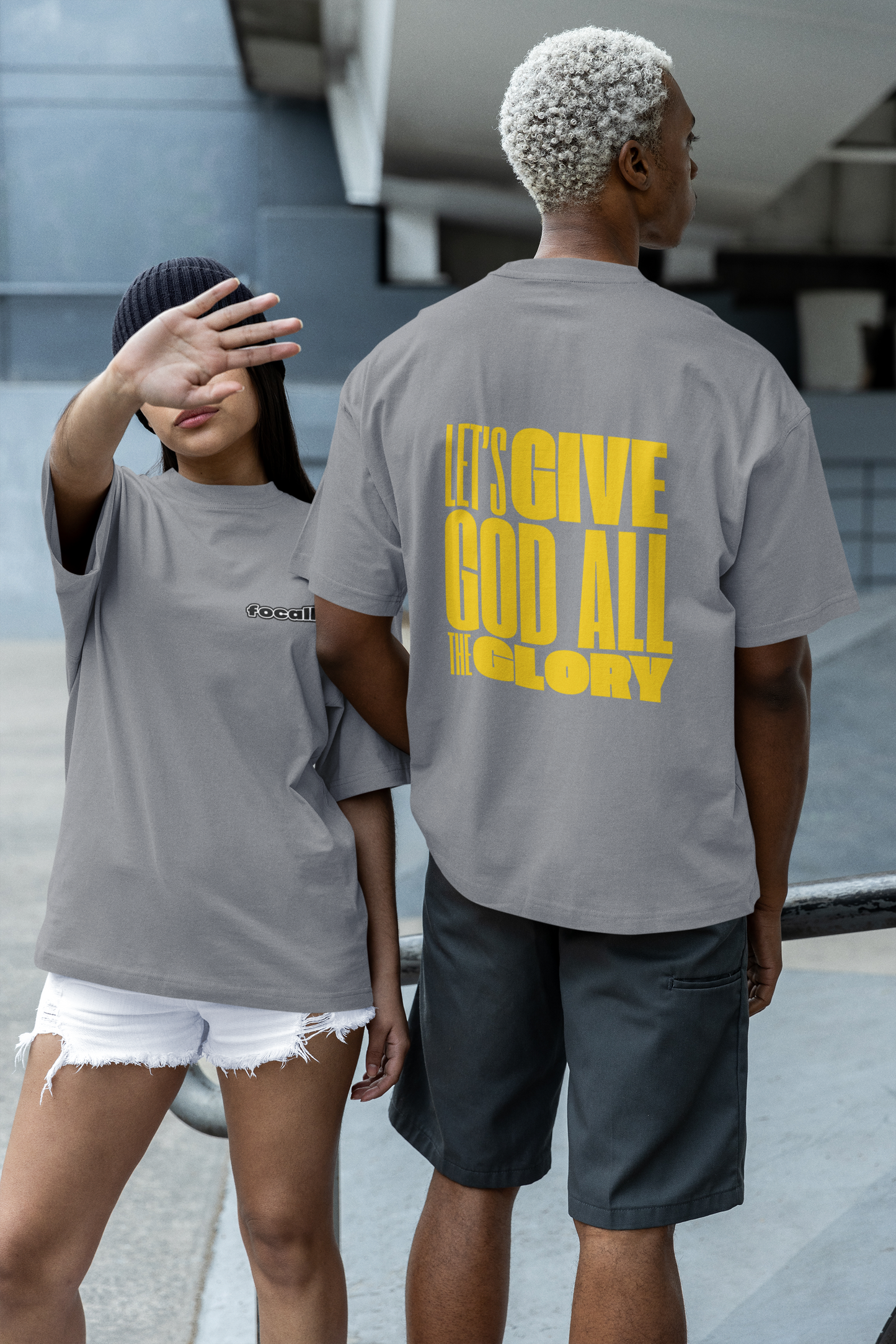 Classic Unisex Crew Neck T-Shirt | Back | Let's give God the glory - Yellow letters