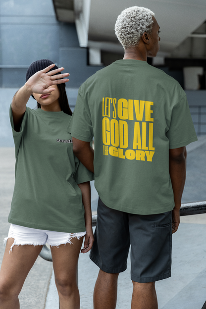 Classic Unisex Crew Neck T-Shirt | Back | Let's give God the glory - Yellow letters